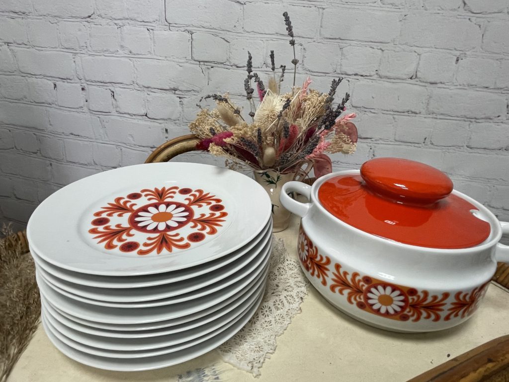 Assiette Bol Schumann Arzberg Porcelaine Rouge Orange Blanc Vintage Mid  Century -  France