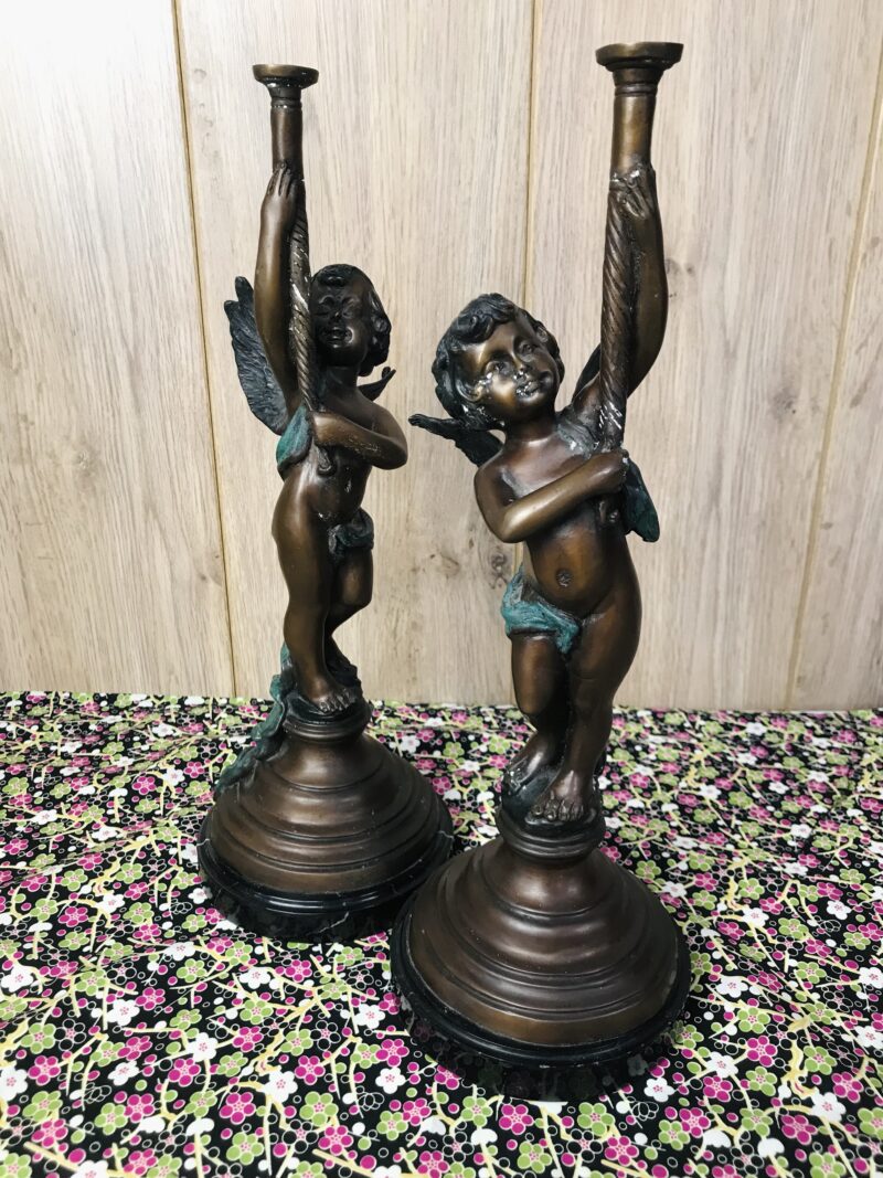 bougeoirs plâtre et bronze angelots