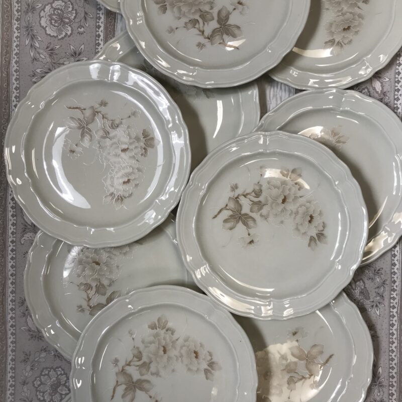 service de 11 assiettes en porcelaine de Limoges dessins fleurs de cerisier de couleur beige