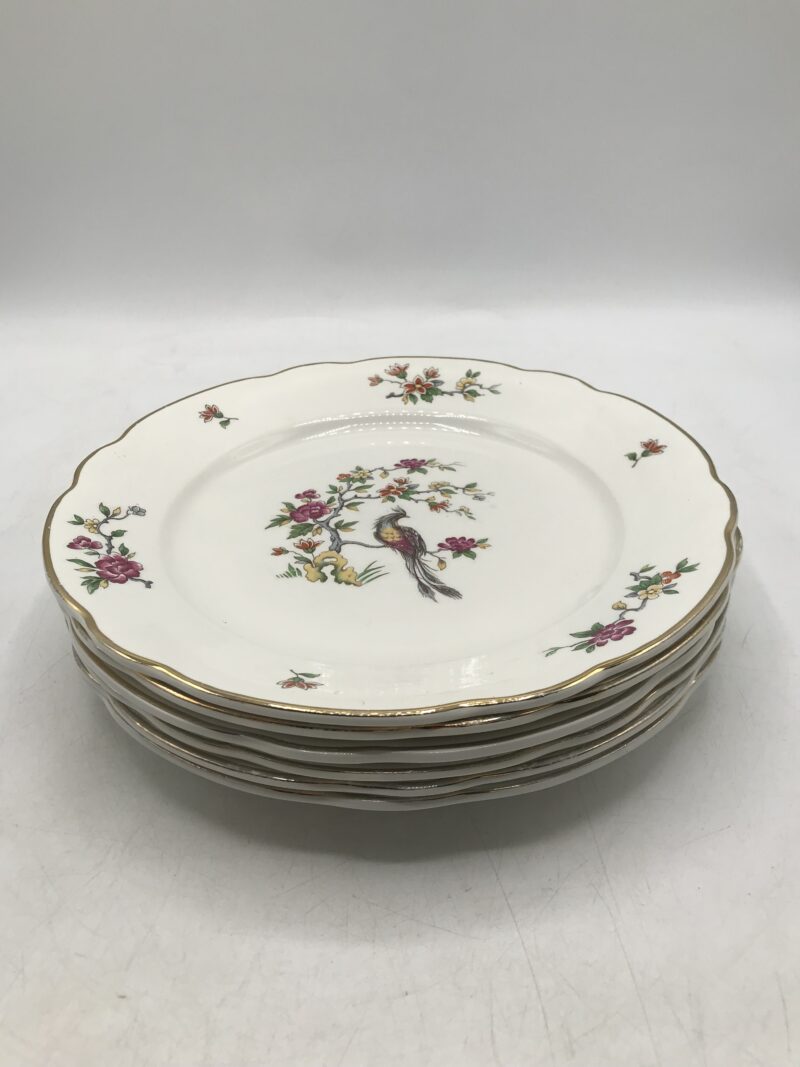 Lot de 6 assiettes Digoin blanches avec dessins de fleurs et phénix collection conde