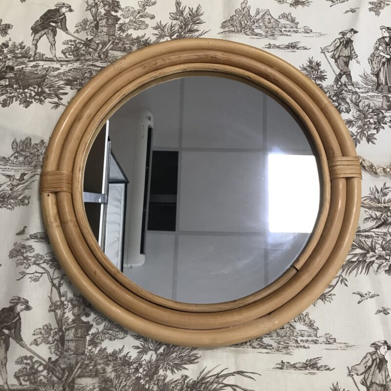 Miroir rond en rotin années 60