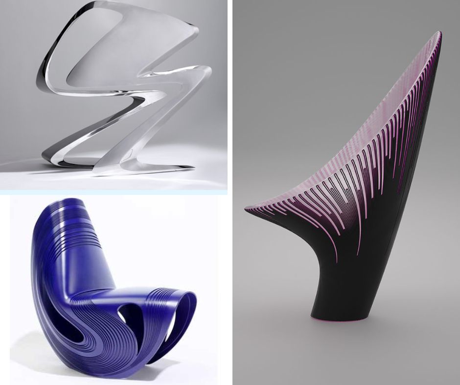  Une chaise moderne aux lignes fluides, inspirée par le style de Zaha Hadid, parfaite pour un intérieur design."